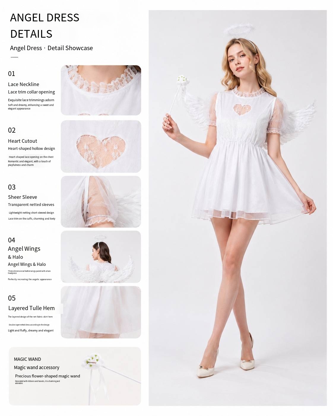 Angel & Devil Halloween Costume Heart Cutout Mesh Short Sleeve Tulle Mini Dress